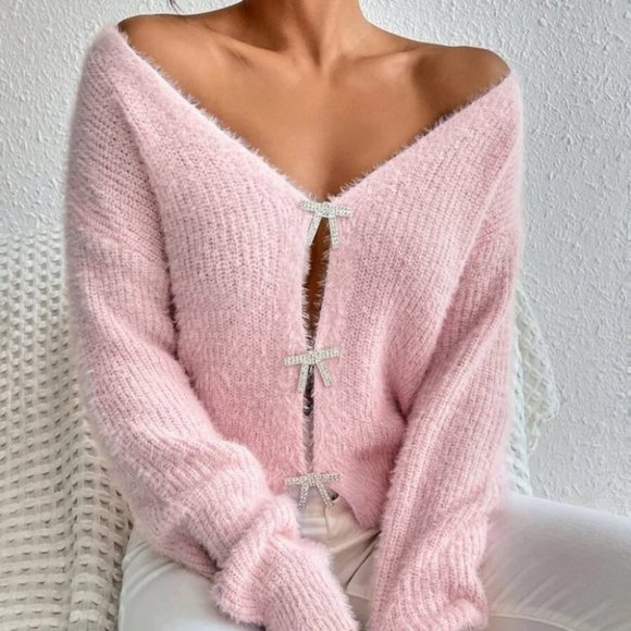 Contemporary soft fuzzy button down knit sweater Cardigan pink - Picture 2 of 6